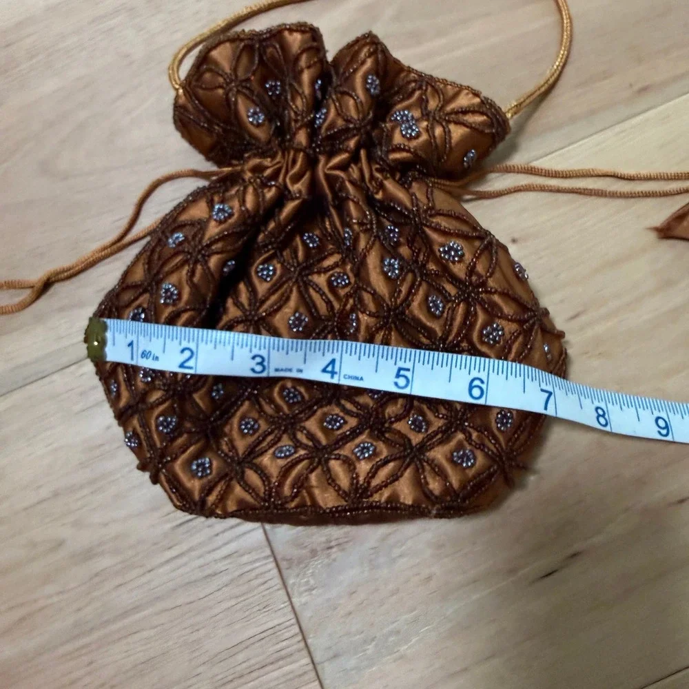 Handmade Indian Potli Clutch Bag Brown Silk Beaded Drawstring Festival BOHO